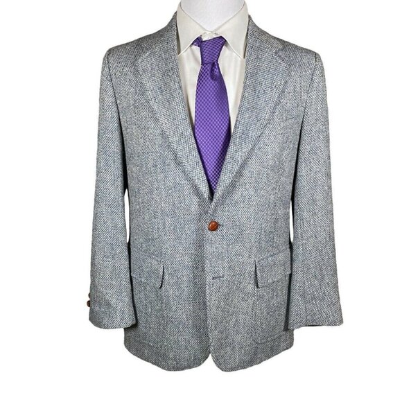 Vintage Harris Tweed Sport Coat 39 Blue Herringbone Blazer Two Button Vented - Picture 3 of 16